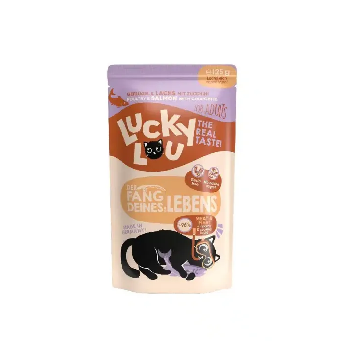 Υγρή Τροφή Lucky Lou LifeStage Adult Πουλερικά & Σολομός (με Κολοκυθάκι) 125gr για γάτες Υγρή Τροφή Lucky Lou LifeStage Adult Πουλερικά & Σολομός (με Κολοκυθάκι) 125gr για γάτες