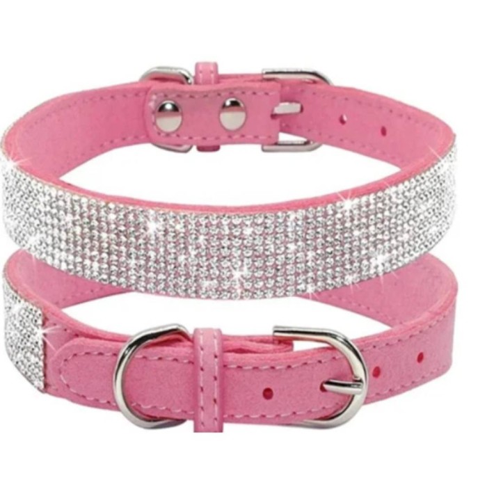 Περιλαίμια Δερμάτινο Κολάρο Strass Glitter Ροζ για γάτες