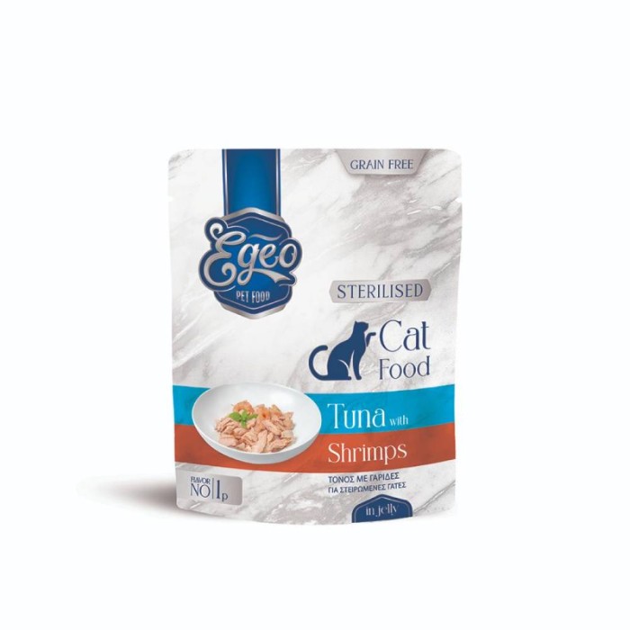 Υγρή Τροφή Egeo Cat Sterilized Τόνος Με Γαρίδες Σε Ζελέ για γάτες
