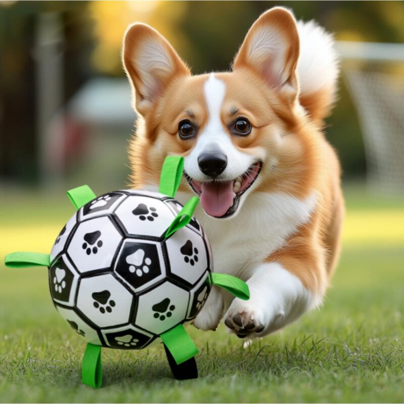 Παιχνίδι Σκύλου Μπάλα Ποδοσφαίρου Ασπρόμαυρη Με Ιμάντες & Τύπωμα Πατούσες